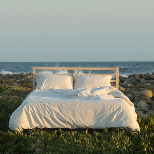 Bed sitting on the beach with ocean in background